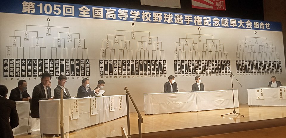 試合の組み合わせを決めた抽選会＝２４日午後、関市、わかくさ・プラザ