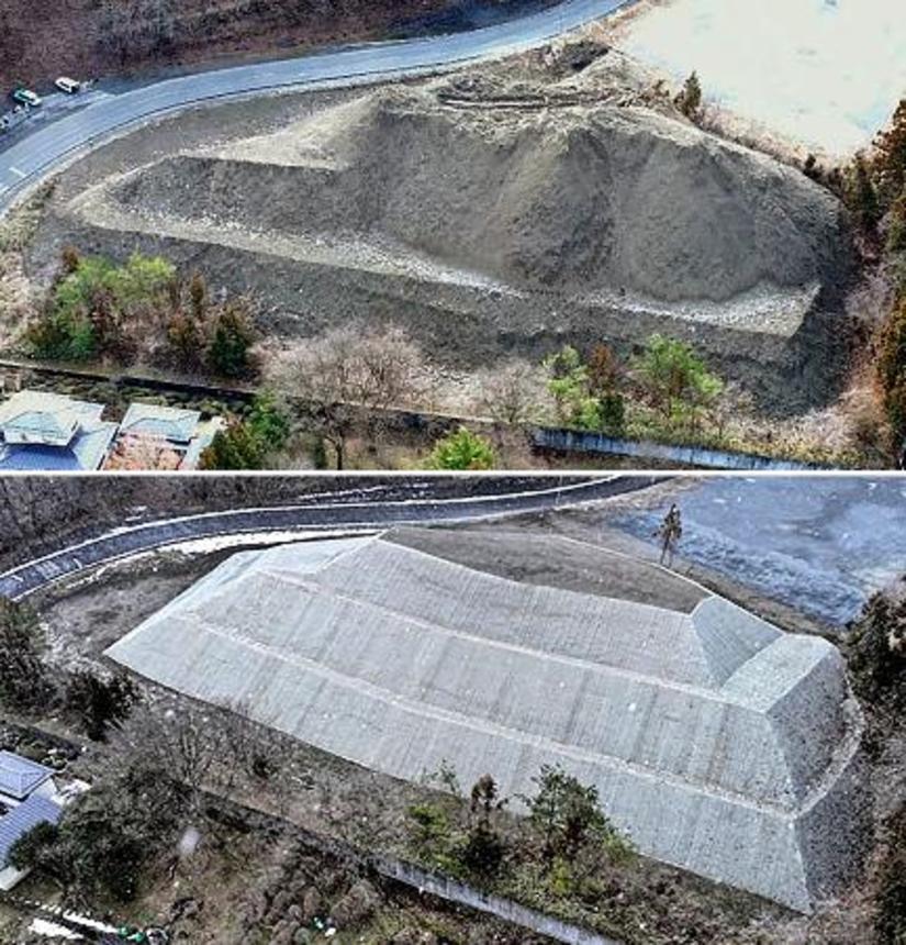 　福島県西郷村の住宅裏に違法に盛られた土砂（上、２０２４年２月）と、行政代執行で災害防止措置がなされた盛り土（今年３月、いずれも福島県提供）
