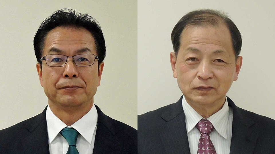 御嵩町長選に立候補した渡辺幸伸氏（左）と福井俊雄氏