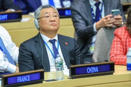 　国連総会に出席する中国の傅聡国連大使＝９月２５日、米ニューヨーク（タス＝共同）