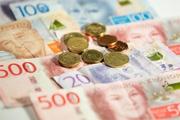 　スウェーデンの通貨クローナの紙幣と硬貨＝２０１９年１０月（ゲッティ＝共同）