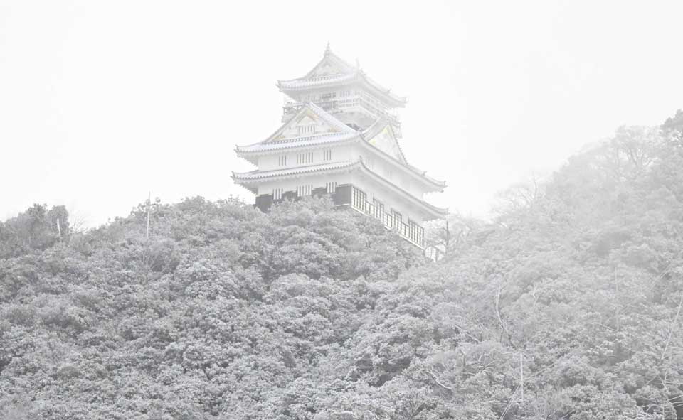 雪化粧した岐阜城・金華山＝４日午前９時７分、岐阜市内から望む