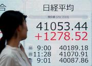 　上げ幅が一時１２００円を超え、節目の４万１０００円を回復した日経平均株価を示すボード＝２３日午前、東京都中央区