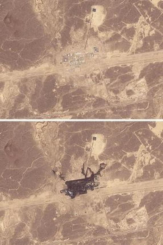 　今月８日（上）と、被害を受けた後の１１日に撮影されたサウジアラビアを東西に貫く原油パイプライン施設の衛星写真（２０２６　Ｐｌａｎｅｔ　Ｌａｂｓ　ＰＢＣ提供、ロイター＝共同）