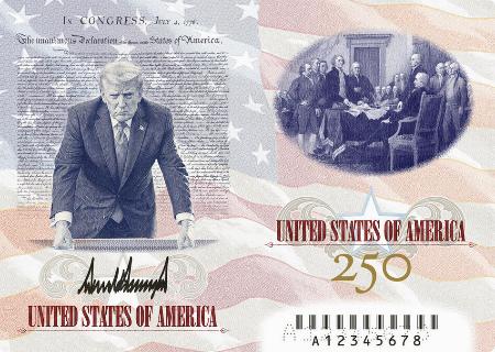 　トランプ米大統領が投稿した記念旅券の最新版の見開き（ＳＮＳトゥルース・ソーシャルから）