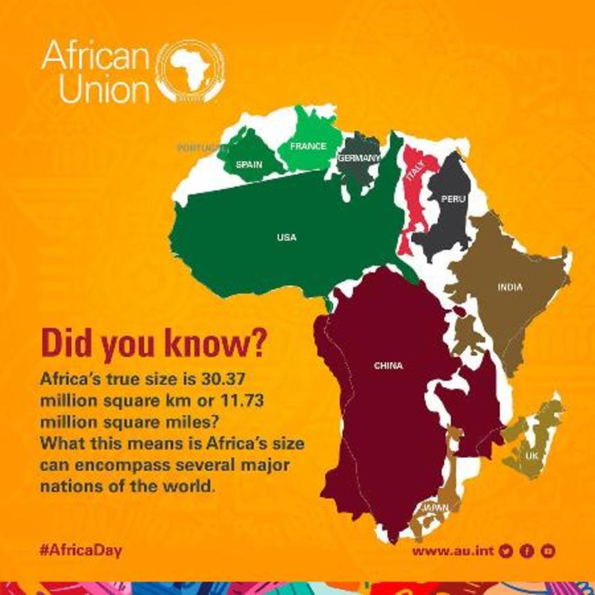 　アフリカと、米国や中国、インド、日本などの大きさを比較する地図（アフリカ連合のＸより、共同）