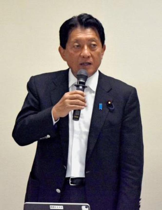 　自民党のデジタル社会推進本部の会合であいさつする平井卓也本部長＝４日午前、東京・永田町の党本部