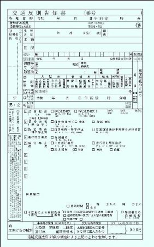 　警察が交付する「青切符」（警察庁提供、細部は都道府県警によって異なります）