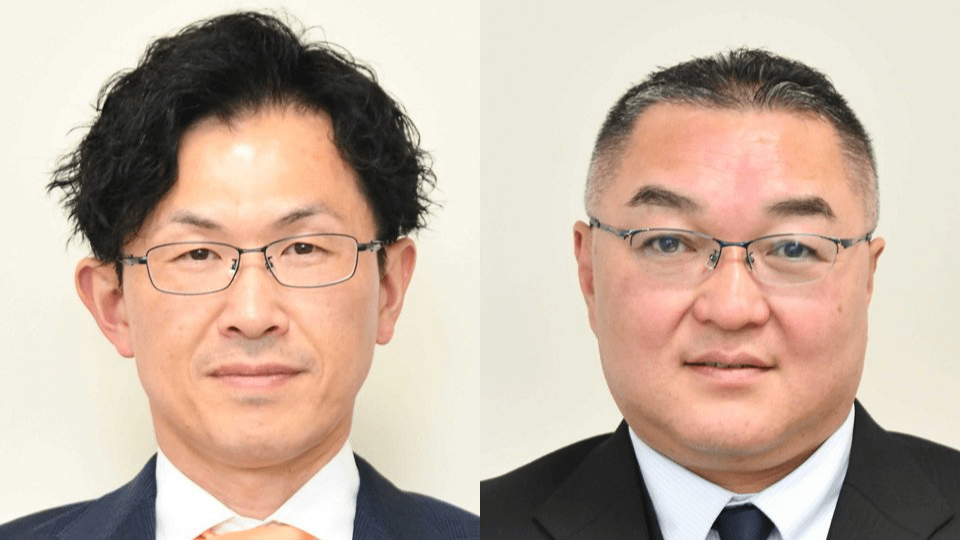 立候補した（左から）二ノ宮一貴氏と横川真澄氏