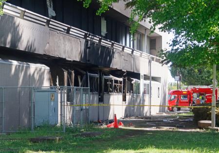 　火災で１階の一部が焼けた埼玉県白岡市役所＝７日午前