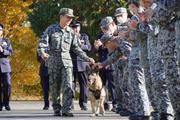 　除隊式を終え、隊員らに見送られる警備犬「ヨモギ号」と世話係の志賀敬祐さん＝２８日午前、埼玉県狭山市の航空自衛隊入間基地