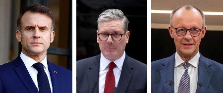 　フランスのマクロン大統領、スターマー英首相、ドイツのメルツ首相（いずれもロイター＝共同）