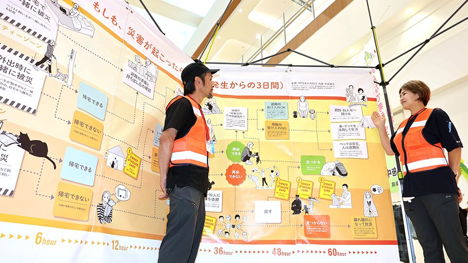 災害時の対応について説明するひだペット協会の池尾さおり代表（右）＝大垣市外野、イオンモール大垣