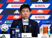 　サッカーＷ杯北中米３カ国大会の日本代表メンバー発表記者会見に臨む森保一監督＝１５日、東京都内