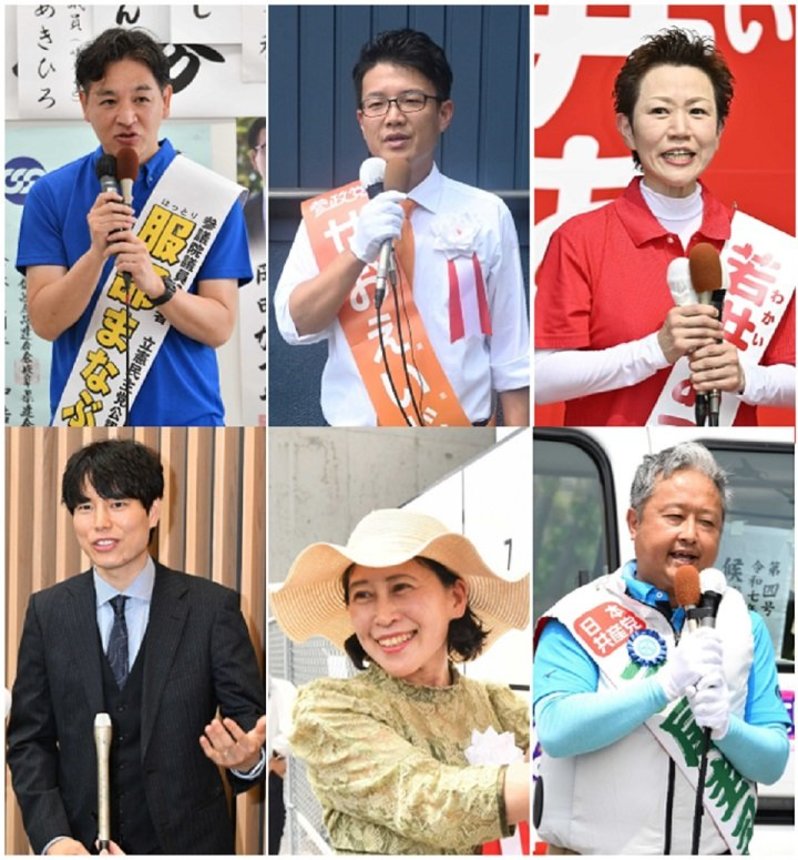 参院選岐阜選挙区に立候補した（左上から時計回りで）服部学氏、瀬尾英志氏、若井敦子氏、三尾圭司氏、伊藤あゆみ氏、小池裕之氏