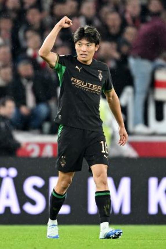 　ドイツ１部リーグのシュツットガルト戦で１―１の後半６分に勝ち越し点を決めたボルシアＭＧの町野修斗＝２３日、独シュツットガルト（ゲッティ＝共同）
