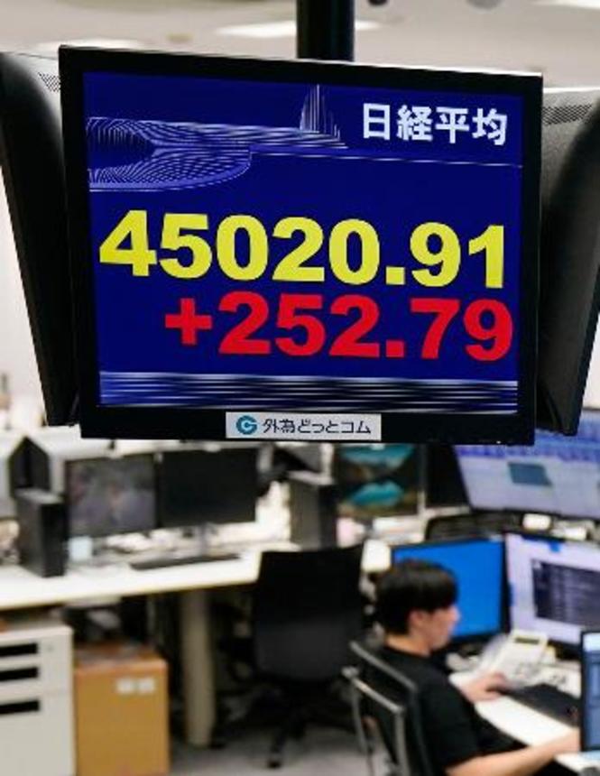 　一時４万５０００円を突破した日経平均株価を示すモニター＝１６日午後、東京都港区の外為どっとコム