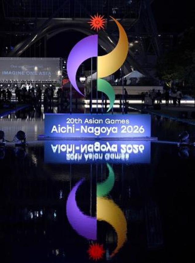 　アジア大会１年前イベントでお目見えした大会エンブレムのオブジェ＝９月、名古屋市