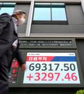 　初めて６万９０００円を突破して最高値を更新した日経平均株価終値を示すモニター＝１５日午後、東京都中央区