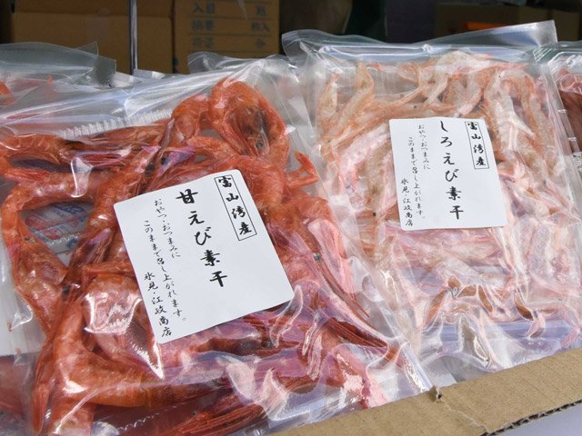 白エビやホタルイカといった海の幸も並ぶ＝高山市上一之町、飛騨高山まちの体験交流館