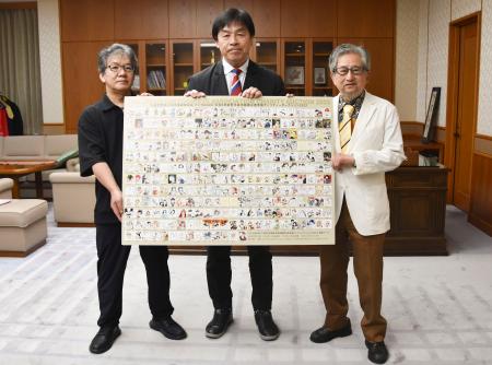　有志の漫画家らが描き下ろした色紙をまとめたパネルを石川県の馳浩知事（中央）に手渡した森川ジョージさん（左）と永井豪さん（右）＝１１日午後、県庁